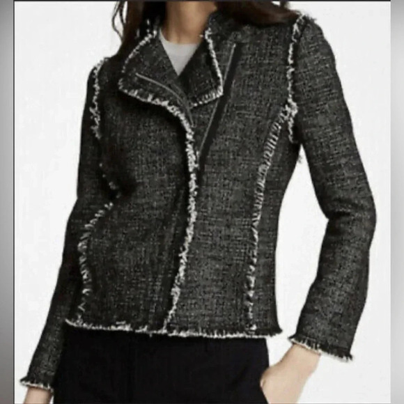 Ann Taylor Tweed Fringe Moto Style Jacket Black/White Career Casual Size Small - Picture 2 of 11